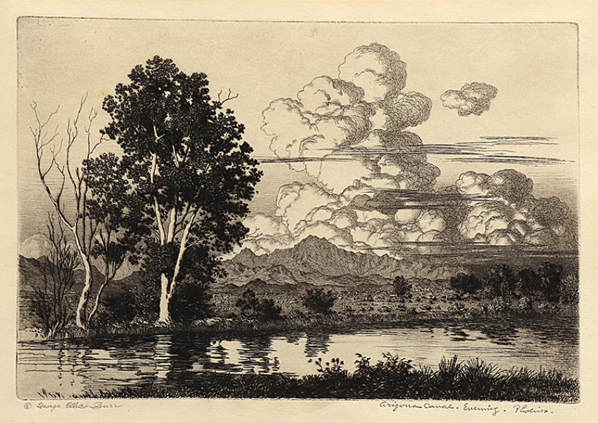 George Elbert Burr, Arizona Canal Evening, Phoenix, etching, circa 1925, engraving, fine art, for sale, denver, gallery, colorado, antique, buy, purchase