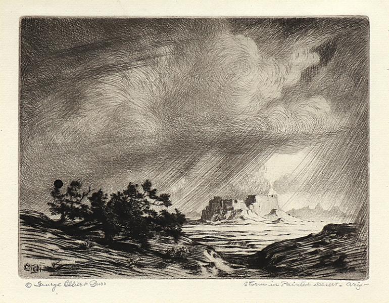 George Elbert Burr, Storm in Painted Desert, Arizona, etching, circa 1925, engraving, fine art, for sale, denver, gallery, colorado, antique, buy, purchase