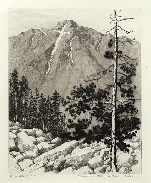 George Elbert Burr, Mountain of the Holy Cross, Colorado, etching, circa 1915, engraving, fine art, for sale, denver, gallery, colorado, antique, buy, purchase