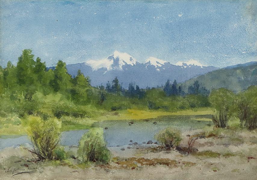 Charles Partridge Adams, Colorado Mountain Landscape with River, watercolor, 1895, 19th century art for sale, vintage gallery denver