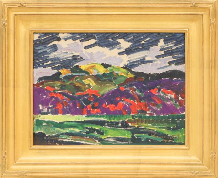 Lumen Martin Winter, Sangre De Cristo Mountain Range, Santa Fe, New Mexico, Landscape, oil, painting, 1950s, 1959, expressionism, impressionism, Fine art, art, for sale, buy, purchase, Denver, Colorado, gallery, historic, antique, vintage, artwork, original, authentic, red, purple, blue, green, brown, white 