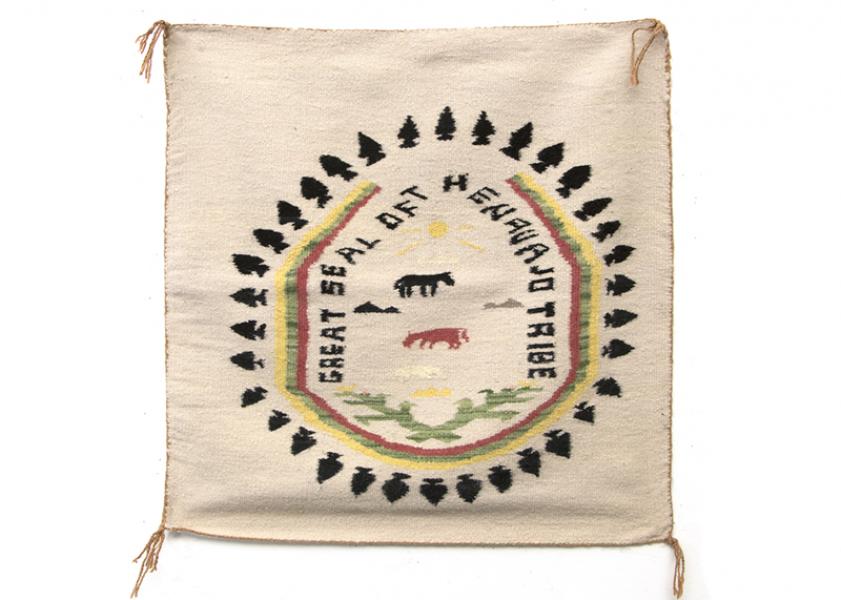 Pictorial Weaving, Navajo, circa 1945 great seal of the navajo tribe, 19th century Native American Indian antique vintage art for sale purchase auction consign denver colorado art gallery museum